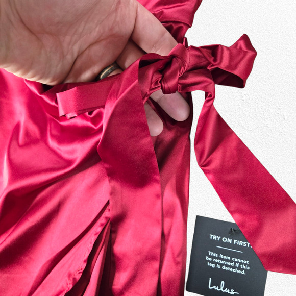 Lulus Red Satin Faux Wrap Open Back Late Night Stunner Mini Dress Size Medium - Picture 7 of 14